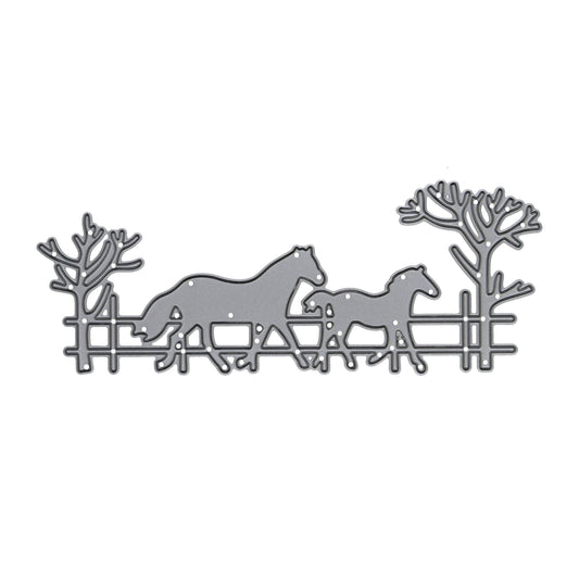 Horse and foal countryside scene metal cutting die featuring a fence, two horses and bare trees on a white background.