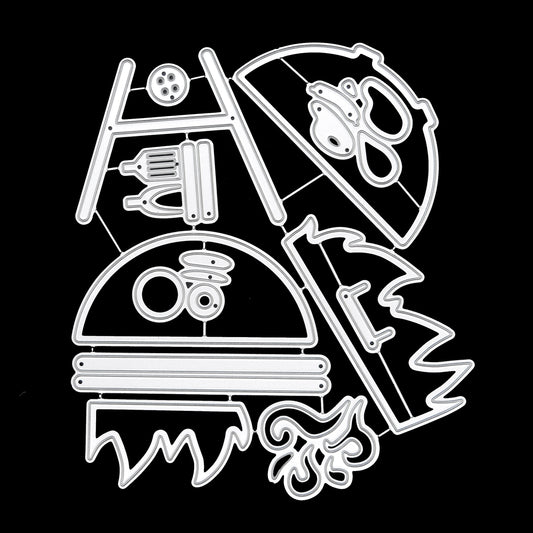 Large BBQ barbecue grill and accessories metal cutting die set on black background for summer card making and papercraft projects