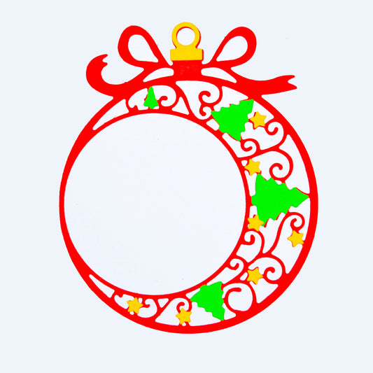 Red Christmas bauble paper frame with green trees, yellow stars and a yellow cap on white, made with metal cutting dies.