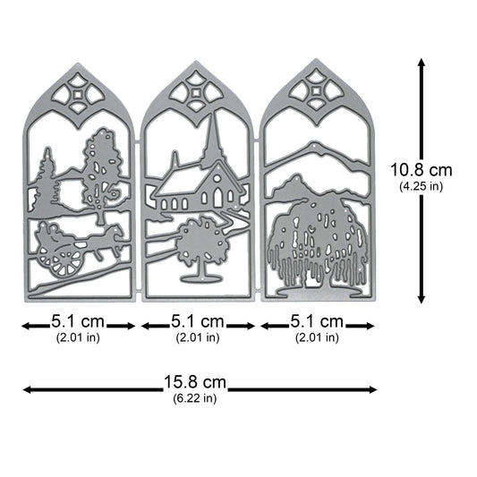 Countryside window scene metal cutting die measuring approximately 15.8 cm wide by 10.8 cm high, with three individual panels each 5.1 cm wide.
