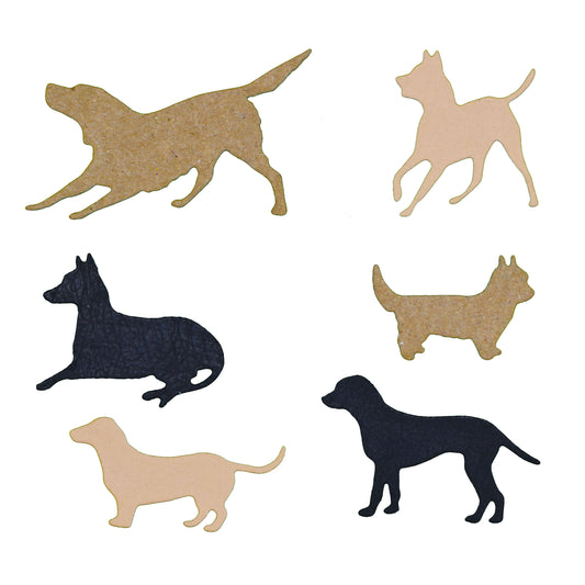 Finished dog silhouette die cuts in six different pet breed designs, ideal for handmade cards, scrapbook layouts and pet-themed papercraft projects.