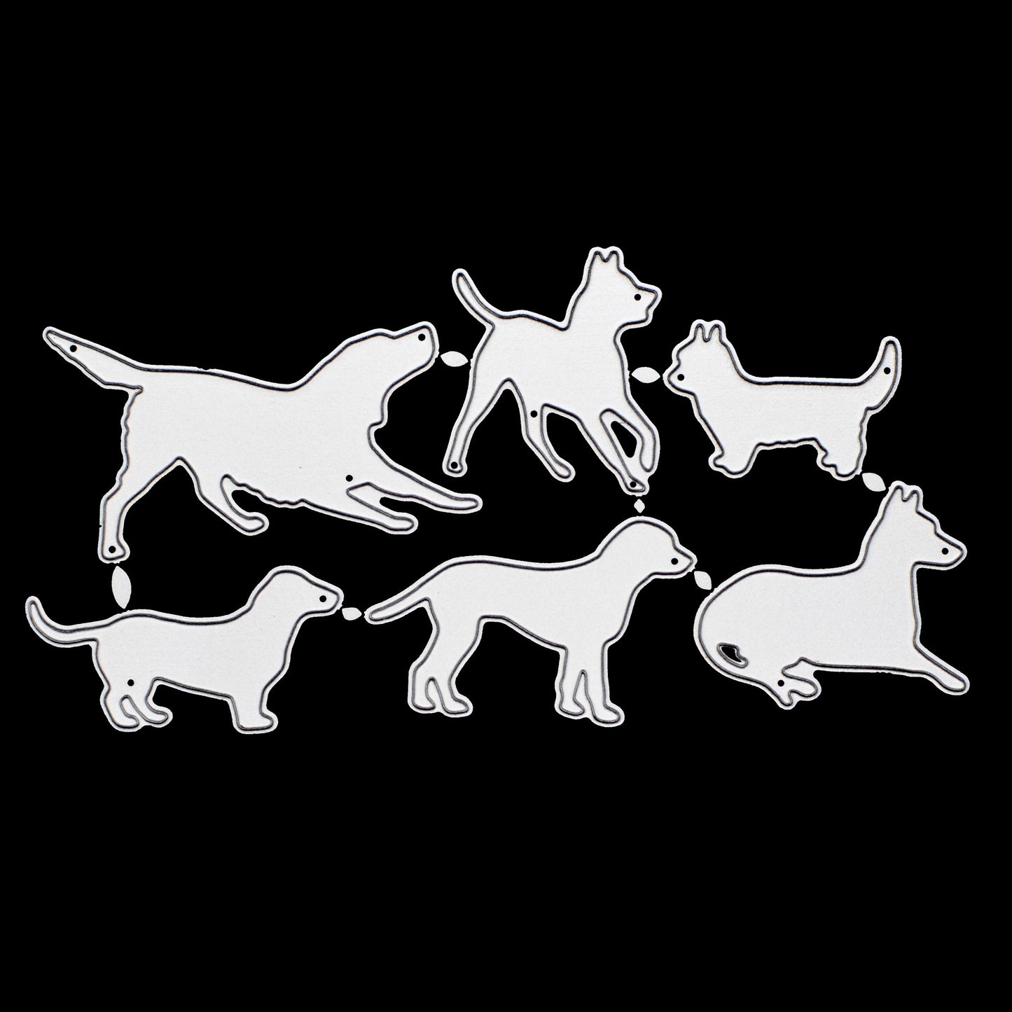 Dog silhouette metal cutting dies set with six pet breed designs displayed on a black background to highlight the cutting edges and individual shapes.