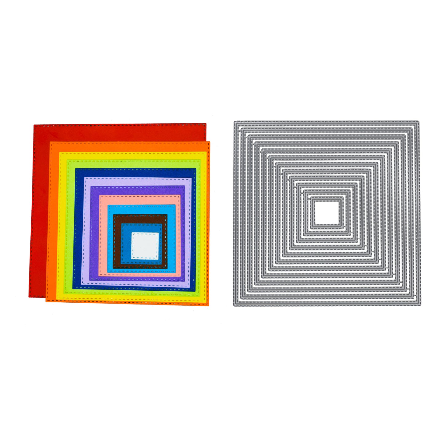 Colourful double stitched square die cuts displayed beside the matching 12-piece metal cutting die set.