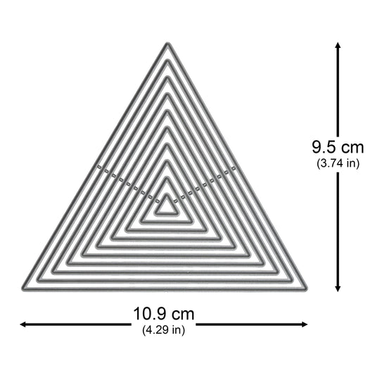 Equilateral triangle nesting metal cutting dies with the largest die marked 10.9 cm wide and 9.5 cm high.