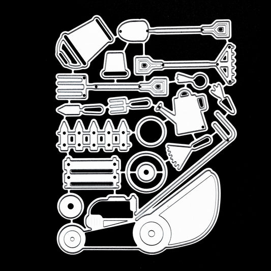 Gardening tools metal cutting dies set displayed on black card background showing lawn mower, tools and accessories