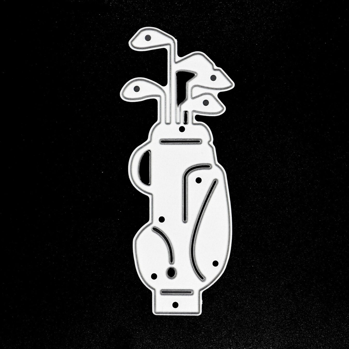 Golf bag metal cutting die on wood background showing golf clubs and bag design