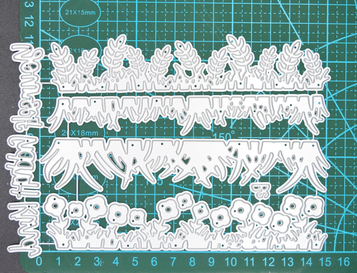 Long grass border edging dies with floral and leafy designs for slimline and A6 card making
