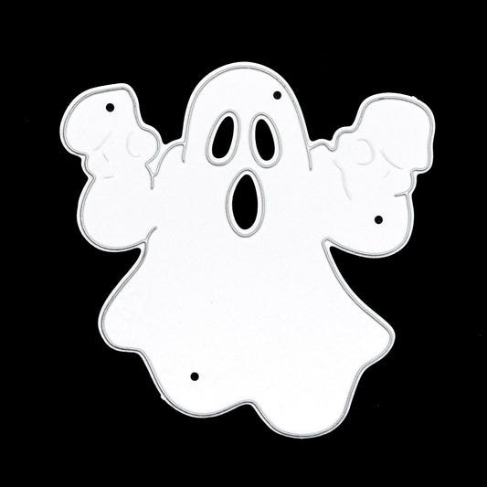 Halloween ghost metal cutting die with raised arms and cut-out eyes and mouth, shown on a black background.