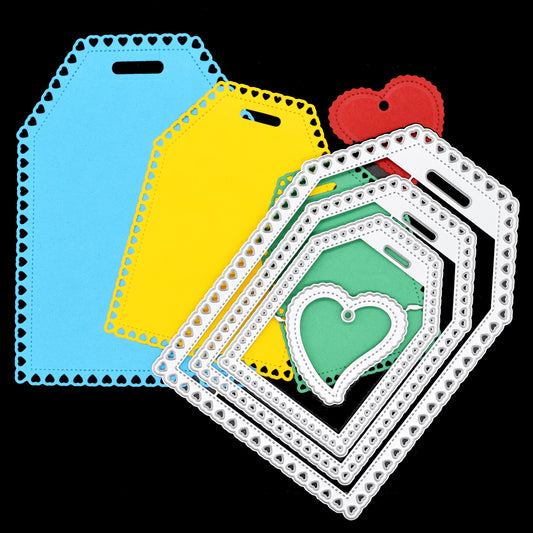 Heart tag nesting metal cutting dies set with coloured tag examples