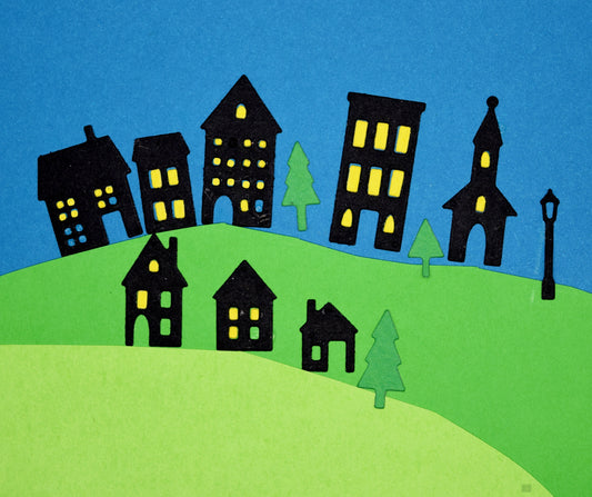 House and tree die cut scene with buildings, lamppost and landscape