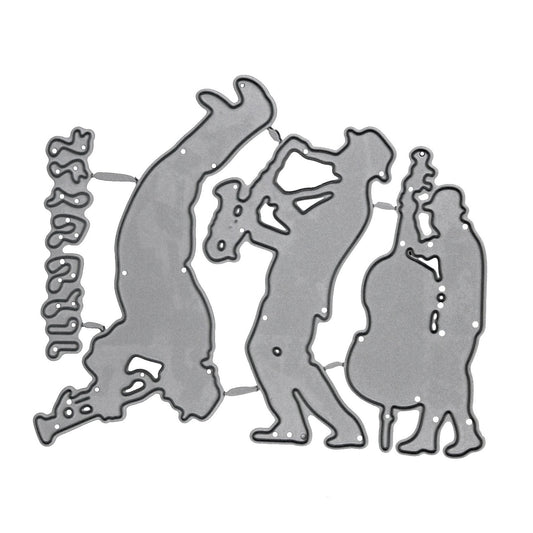 Jazz swing band and music notes metal cutting dies set displayed on a white background for card making, scrapbooking and music-themed papercraft projects.