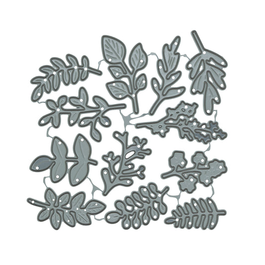 Set of 12 connected leaf and foliage metal cutting dies displayed on a clean white background
