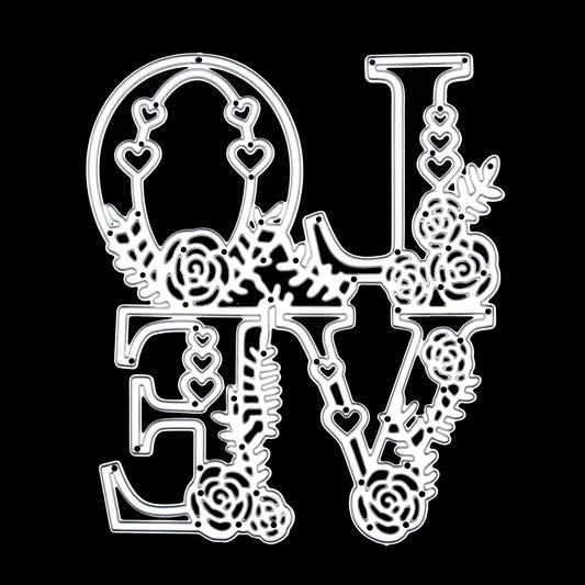 Floral LOVE metal cutting die with heart and flower details on black background for card making