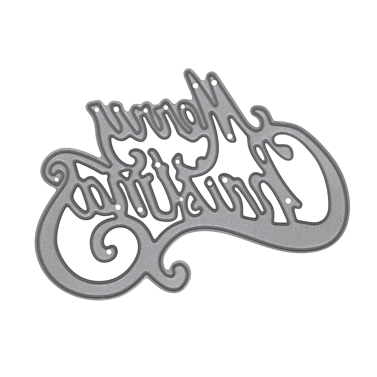 Merry Christmas metal cutting die on a white background, showing the cutting face of the decorative script design.
