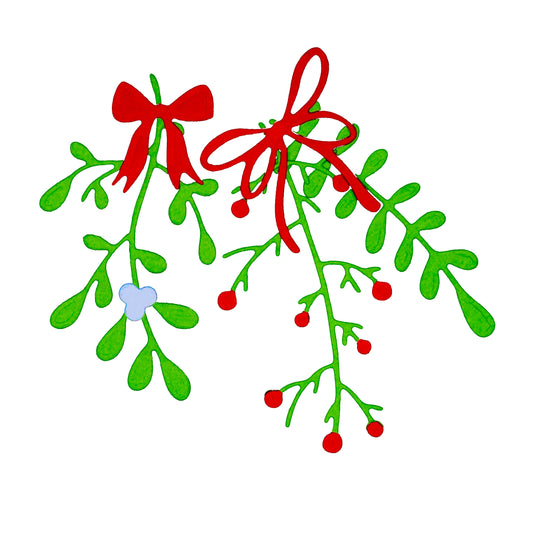 Colourful Christmas mistletoe and berry branch paper cuts decorated with two red bows for card making.