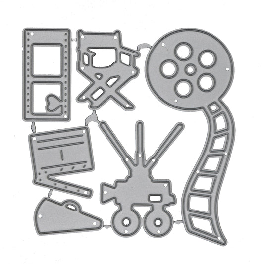Movie and cinema themed metal cutting dies featuring film reel camera director chair clapperboard and film strip designs for papercrafts