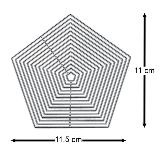Pentagon nesting metal cutting die set with the largest die measuring approximately 11.5 cm wide by 11 cm high.