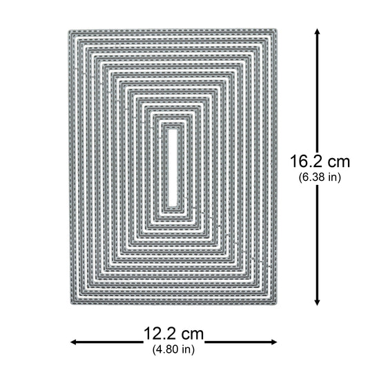 Large rectangle double stitched nesting metal cutting die set with largest size shown as 16.2 by 12.2 cm