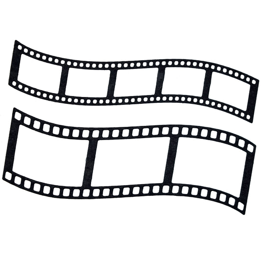 Finished black curved film strip die cuts with three-frame and five-frame camera film designs