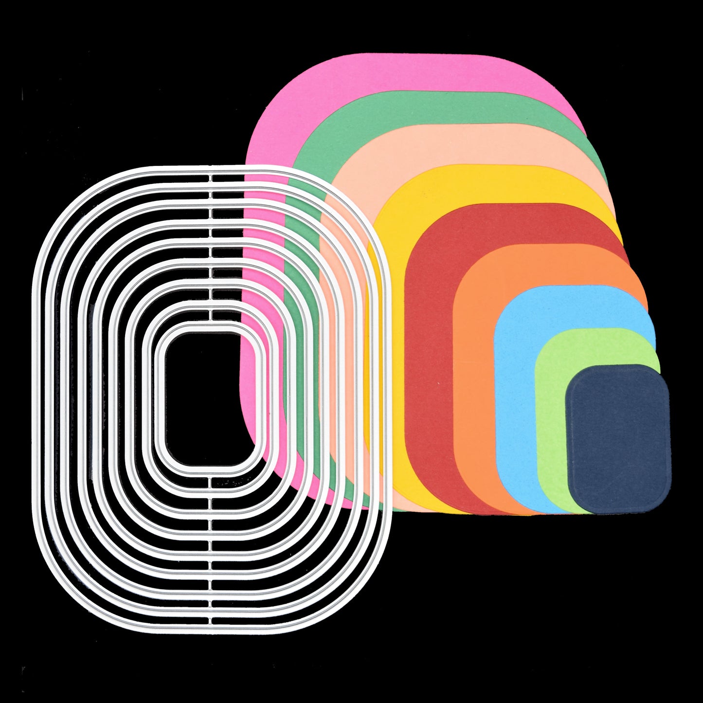 Rounded corner rectangle nesting dies displayed alongside matching die cut shapes
