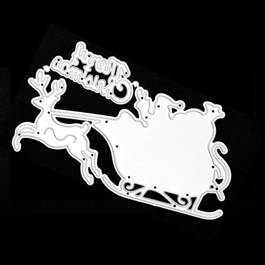 Santa sleigh, reindeer and Merry Christmas metal cutting dies on a black background for festive papercraft.