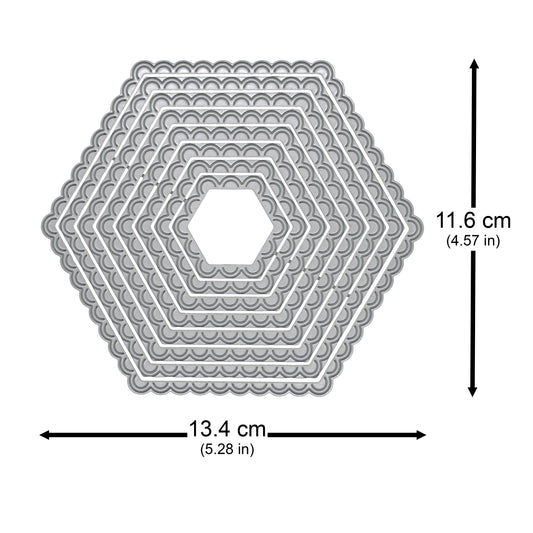 Scalloped hexagon nesting metal cutting dies with the largest die measuring approximately 13.4 cm wide by 11.6 cm high.