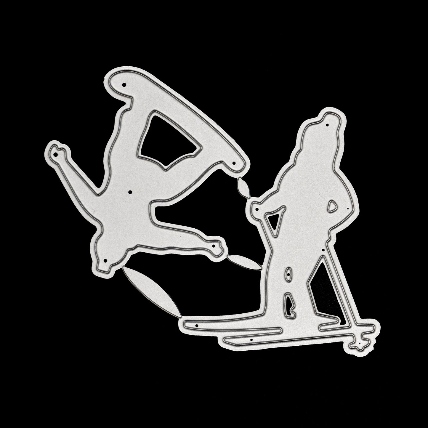 Skier and snowboarder metal cutting dies shown on a black background, featuring downhill skiing and snowboarding silhouettes.