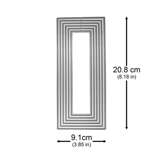 Slimline rectangle nesting metal cutting dies shown with approximate overall measurements of 20.8 × 9.1 cm for card making.