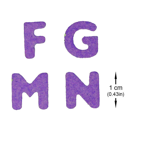 Purple uppercase letter die cuts displayed with a 1 cm height guide to show the finished cutting size