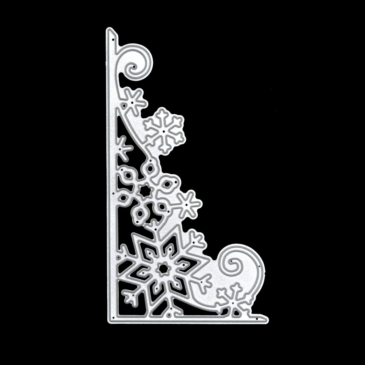Detailed Christmas snowflake corner border metal cutting die displayed against a black background.