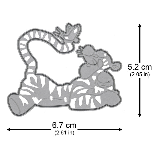 Tigger metal cutting die with measurement arrows showing a width of 6.7 cm and a height of 5.2 cm.