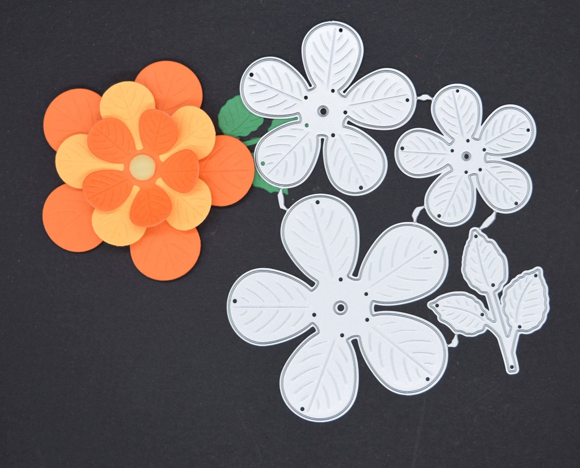 3D flower metal cutting dies set with finished layered flower example and leaves for papercraft