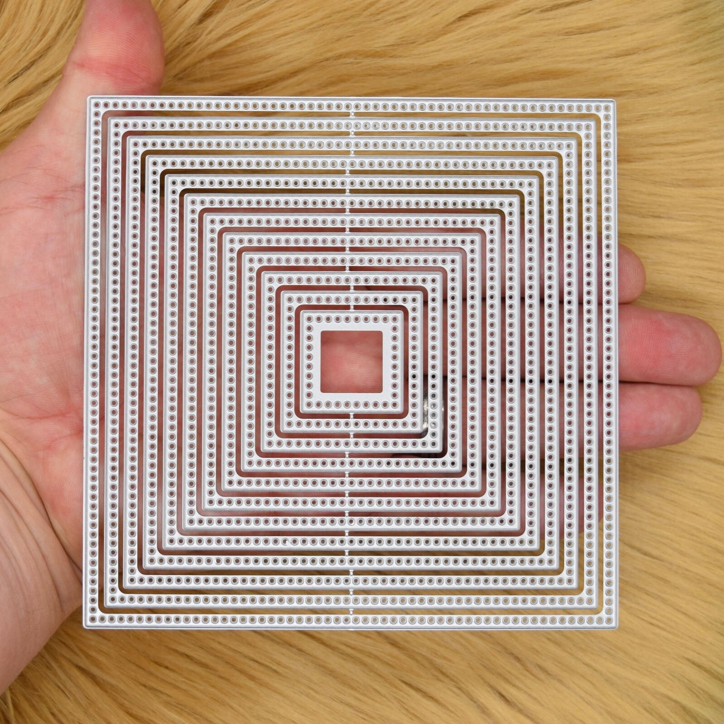 Nest of 12 Square Circle Hole Edged Patterned Metal Cutting Dies, Card Making I0