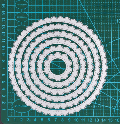 Large Nest of 6 Circle Scallop + Stitch Patterned Metal Cutting Dies, Round, I6