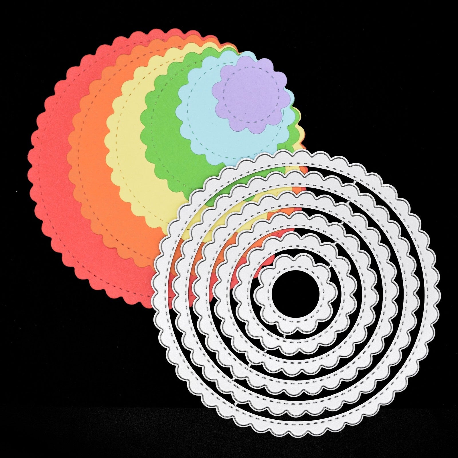 Large Nest of 6 Circle Scallop + Stitch Patterned Metal Cutting Dies, Round, I6