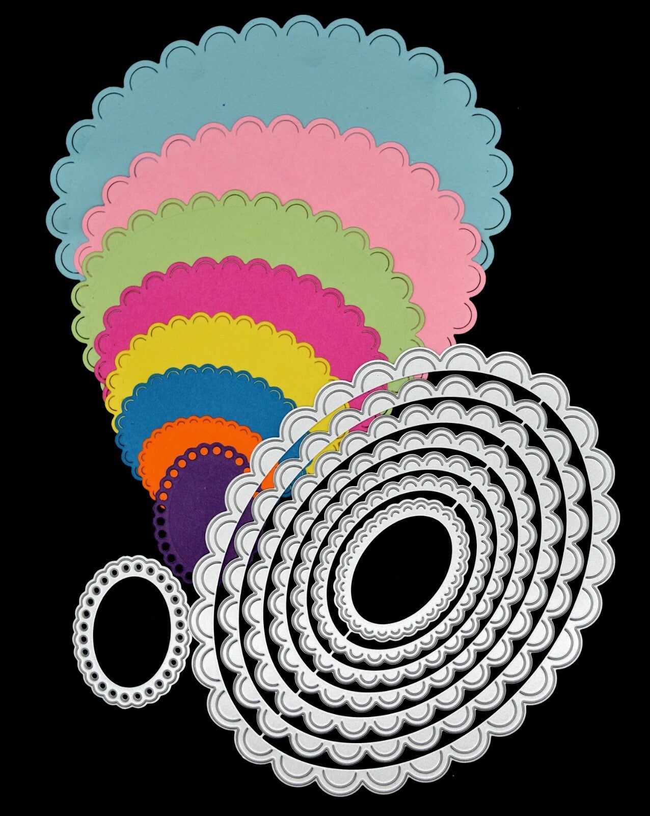 Large Nest of 8 Scallop Edged Oval Metal Cutting Dies, Card Making, Crafts H7