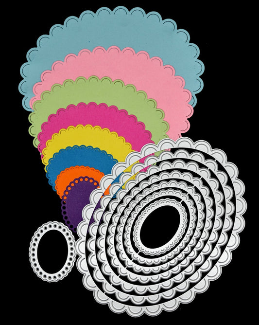 Large Nest of 8 Scallop Edged Oval Metal Cutting Dies, Card Making, Crafts H7