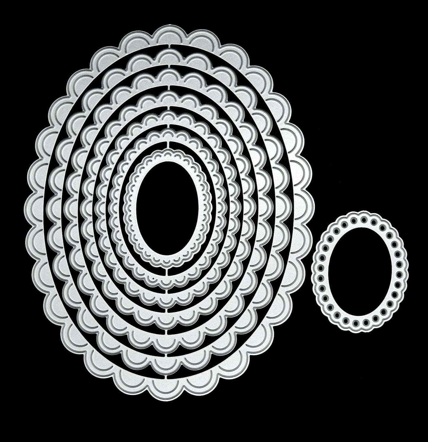 Large Nest of 8 Scallop Edged Oval Metal Cutting Dies, Card Making, Crafts H7