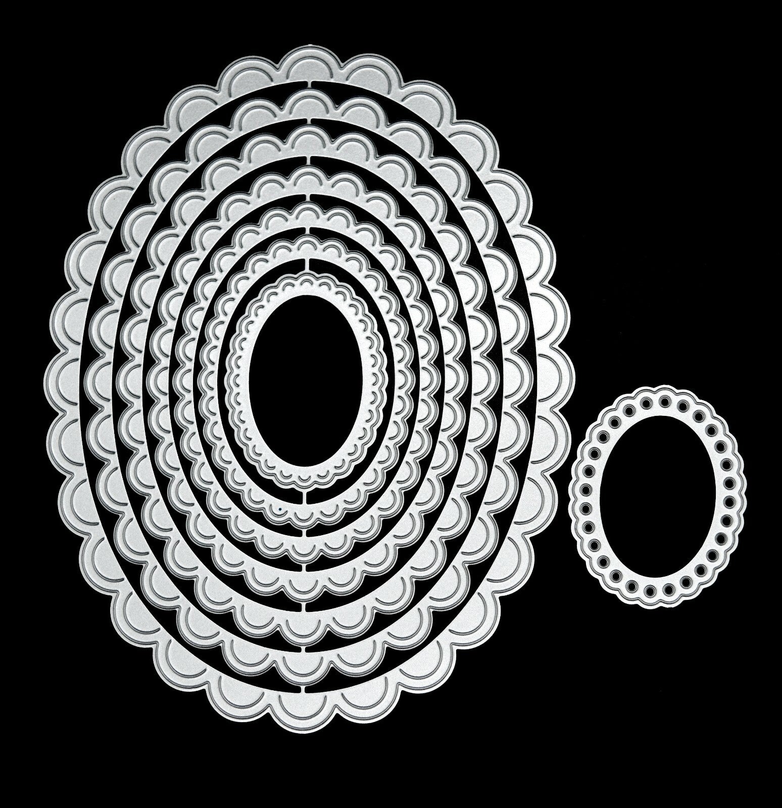 Large Nest of 8 Scallop Edged Oval Metal Cutting Dies, Card Making, Crafts H7
