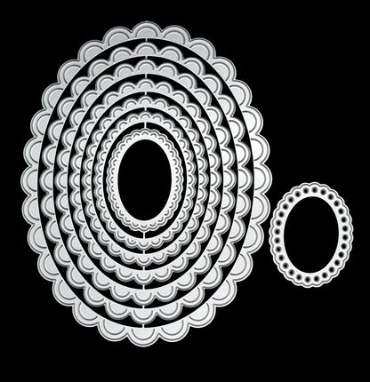 Large Nest of 8 Scallop Edged Oval Metal Cutting Dies, Card Making, Crafts H7
