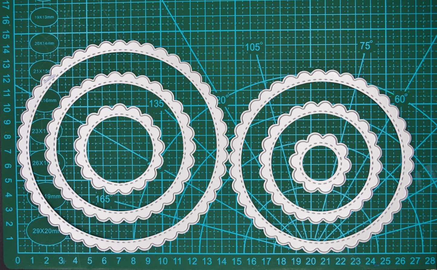 Large Nest of 6 Circle Scallop + Stitch Patterned Metal Cutting Dies, Round, I6