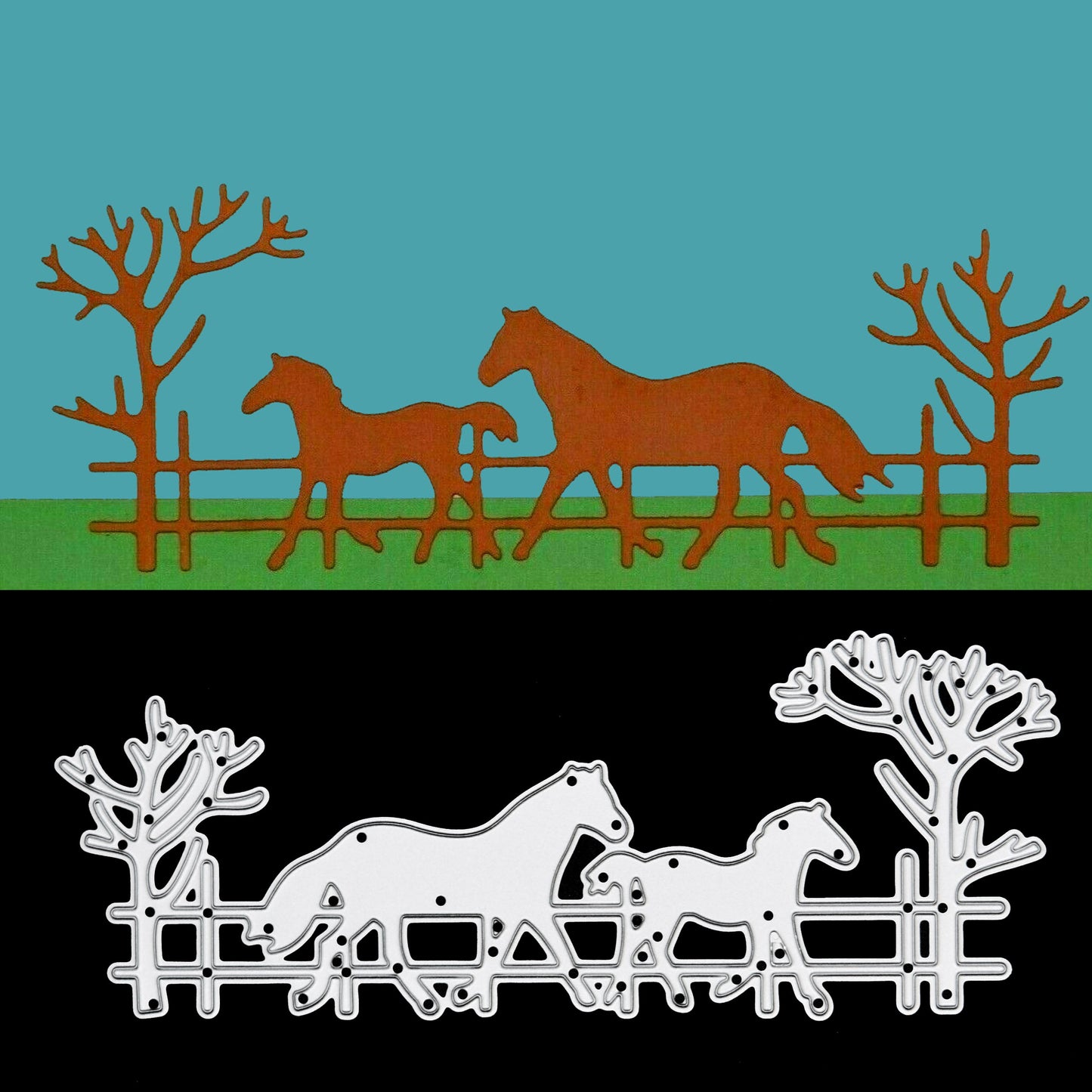 Horse & Foal Scene Metal Cutting Die – Countryside Fence Silhouette