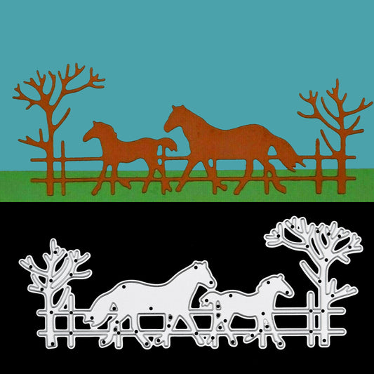 Horse & Foal Scene Metal Cutting Die – Countryside Fence Silhouette