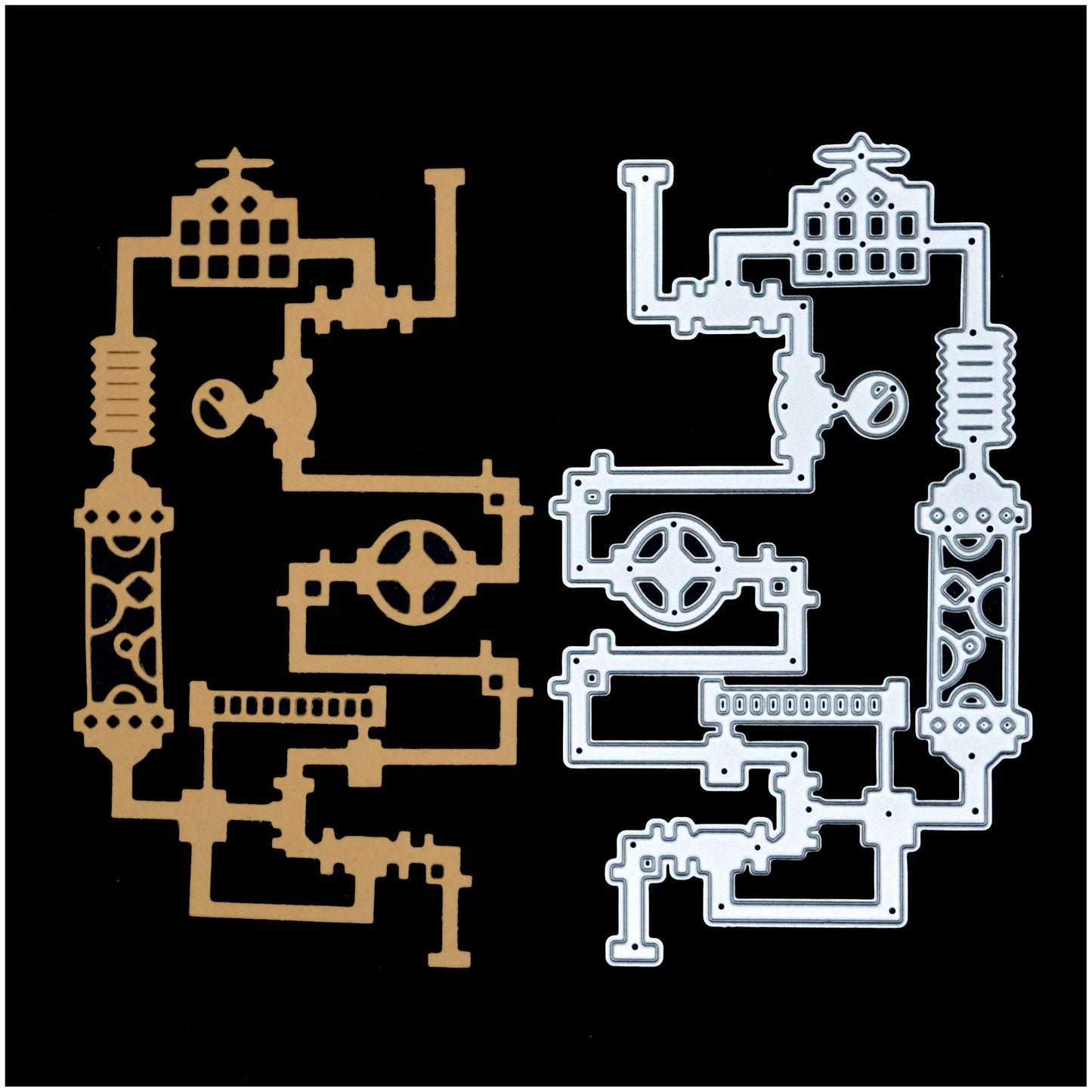 Steampunk Pipes & Valves Metal Cutting Die – Industrial Gear Panel