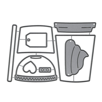 akeaway coffee, latte and boba tea metal cutting dies set shown on a plain light background with all die pieces visible