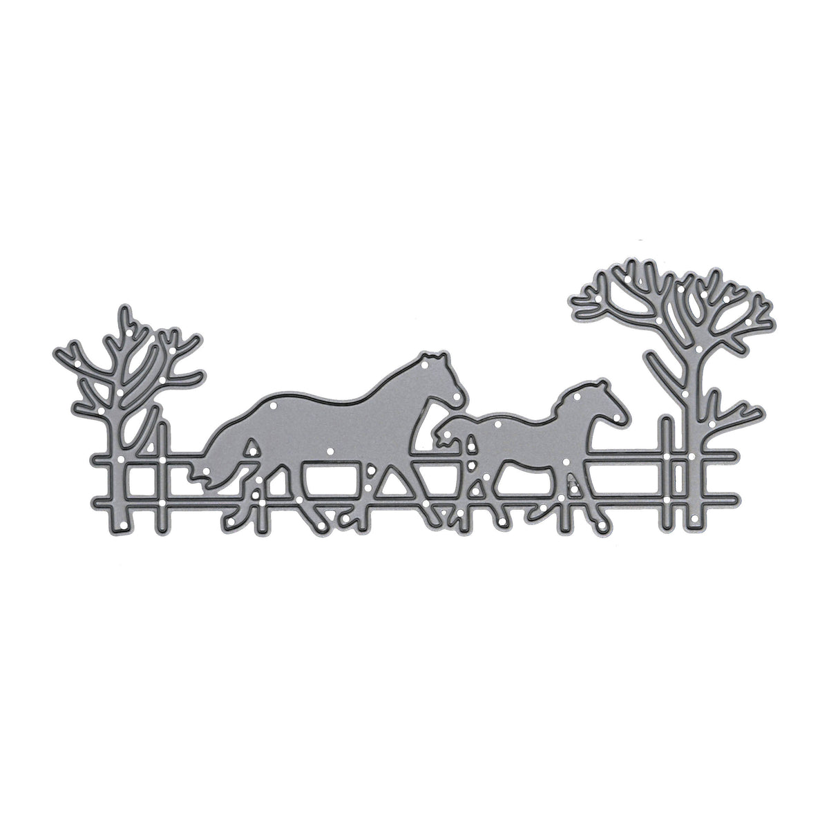 Horse and foal countryside scene metal cutting die featuring a fence, two horses and bare trees on a white background.
