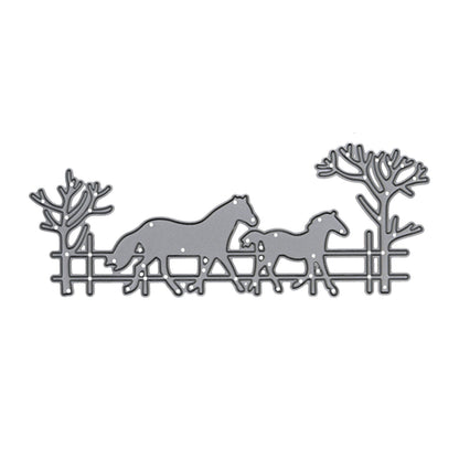 Horse and foal countryside scene metal cutting die featuring a fence, two horses and bare trees on a white background.