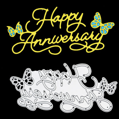 Happy Anniversary metal cutting die with butterfly details alongside yellow layered paper cut example for card making