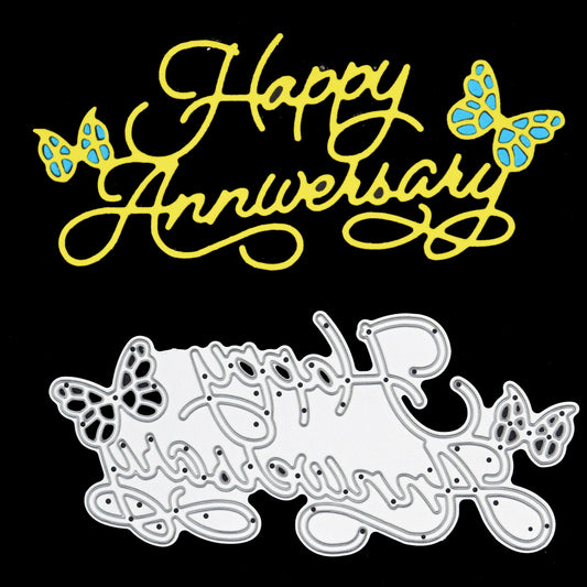 Happy Anniversary metal cutting die with butterfly details alongside yellow layered paper cut example for card making