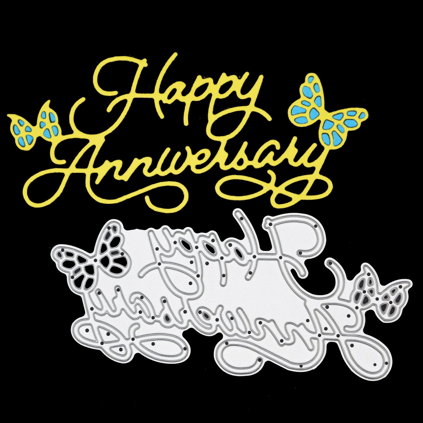 Happy Anniversary metal cutting die with butterfly details alongside yellow layered paper cut example for card making